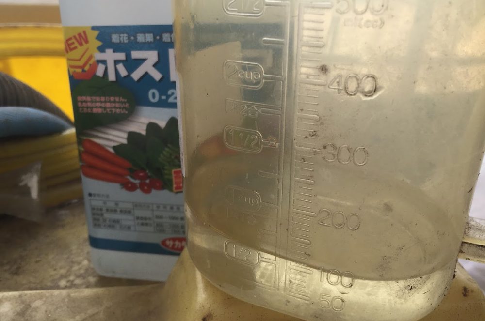 液肥の倍率は1500倍。計量カップに3.3ml測って、5リットルに混ぜる