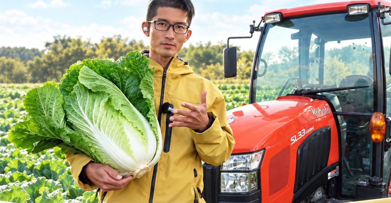畑で白菜を持つ100t農家のイチロウ